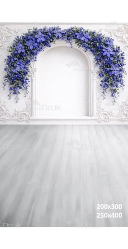 Tło fotograficzne „Biała architektura z niebieskimi kwiatami” | 3781